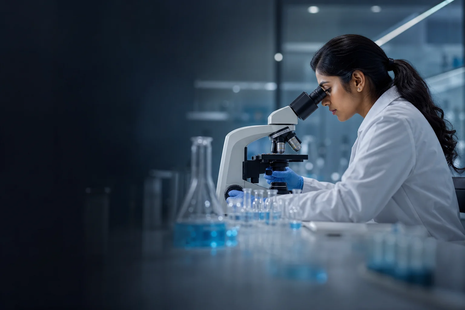 A pharmaceutical researcher working carefully at a laboratory microscope